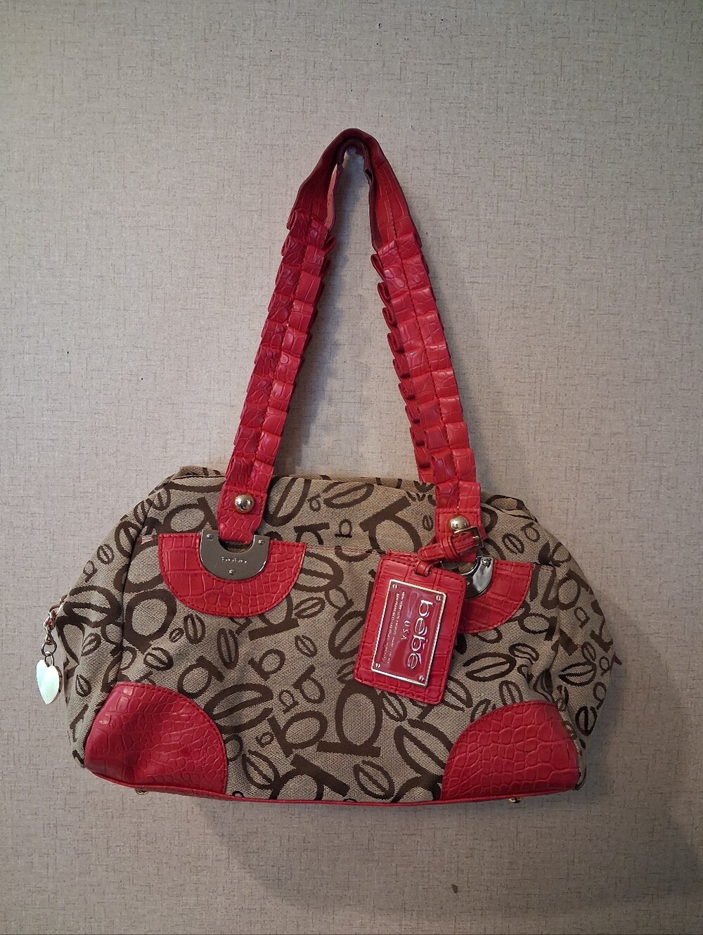 Y2k Bebe Tan & Pink Monogram Canvas Shoulder Bag Purse, Rectangular Shape